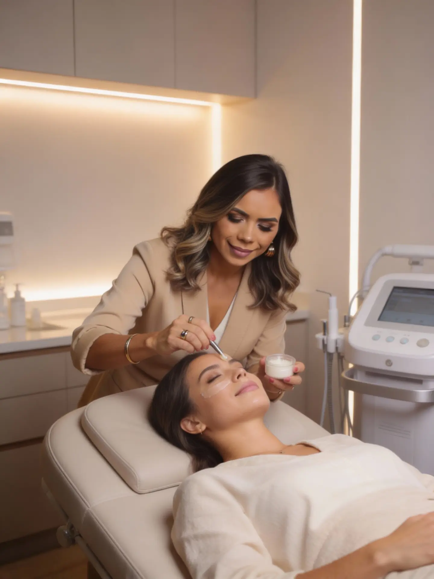 Especialista aplicando cuidado facial em cliente